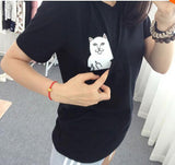SexeMara 2016 New Summer Pocket Harajuku Cat Lovers Women Top Short-sleeve T shirt  Sweet Style Black/White/Grey Plus Size 2