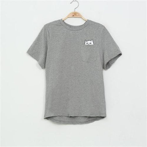 SexeMara 2016 New Summer Pocket Harajuku Cat Lovers Women Top Short-sleeve T shirt  Sweet Style Black/White/Grey Plus Size 2